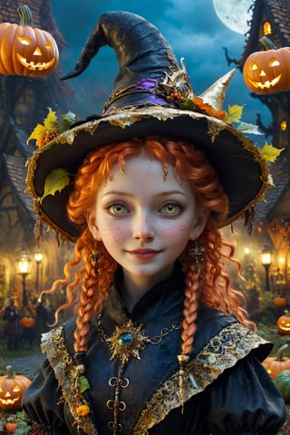 (Aetherpunk style:1.4),wide angle,8k , ultra quality ,nature,pagan imagery,cute very young Halloween witch,10 years old girl,(lovely smile),,art by Giuseppe Arcimboldo,gold detailed,utopia,magic,(Halloween atmosphere),neon detailed,beasts,mages,((in Halloween town,amazing scenery)),(highly detailed:1.2),(ultra realism:1.2), realistic, detailed, textured, skin, hair, eyes, by Alex Huguet, Mike Hill, Ian Spriggs, JaeCheol Park, Marek Denko,(side view:1.5)
,