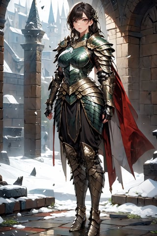 Beautiful 27 year old woman, (brown eyes), ((strong physique body)), (black hair), long_hair:1.3, , bangs, (serious look), hourglass body shape, detailed eyes, normal breasts quality, slim waist, (strong physique), upper body , gauntlets, (detailed armor), lower body armor, black cape, broken stone floor, broken stone wall, snow falling, ((full-body_portrait)), (evil aura around her), Commander of knights,dragon armor