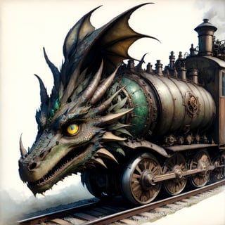 (Best quality, High quality, masterpiece, Watercolor_pencil painting, ligne_claire, Illustration, ), ((stylized art style, painted by Egon Schiele and Gustave Doré and Rembrandt)),, ,image of dragon train,dragon train