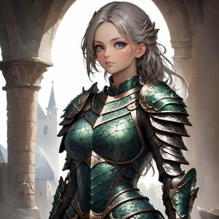 (((Top Quality: 1.4))), (Unparalleled Masterpiece), (Ultra High Definition), (Art by Carne Griffiths), (Ultra-Realistic 8k CG), official art,attractive posing, female gladiator, stunningly beautiful cleaned face,highly detailed armor , messy Hair,  muscular_body:1.4, tanned skin:1.4,,large breasts,( stone buildings background),sunlight makes beautiful gradient of shadow and adds depth to image, (muted colors, dim colors, muted tones: 1.3), low saturation, (hyper detail: 1.2), perfect anatomy,(upper body image :1.5),Female,dragon armor