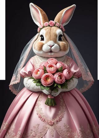 photorealistic portrait of Dressed animals - a ((fat)) cute rabbit,(elegant pose),(closed mouth),(frurry), high quality,(lovely) ,intricate details, highly detailed ((pink wedding dress)),wearing opera globes ,wearing highly detailed veil, highly detailed decorations ,holding flower bouquet, (happy), studio lighting,(full body image:1.5),comic book