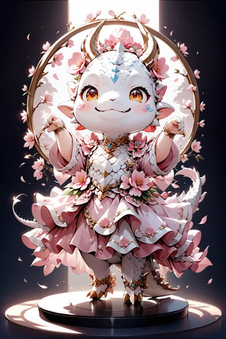  portrait of cute dragon,(dancing pose), high quality,() ,intricate details, highly detailed dress ,smile,highly detailed flower decorations, long tail , (wind effect), cherry_blossom background,sun light,(full body image:1.5),more detail XL,,cute dragon,sticker