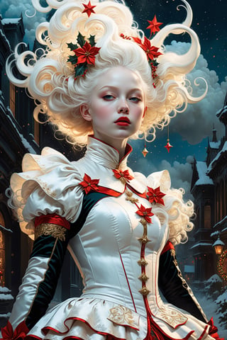 (christman theme:1.5),Cinematic,realistic photo of albino girl, wearing christmas costume,vibrant colors, fantasy, warm tone, surreal, 8k resolution photorealistic masterpiece by Aaron Horkey and Jeremy Mann, professional photography, volumetric lighting maximalist photoillustration by marton bobzert, 8k resolution concept art intricately detailed, complex, elegant, expansive, fantastical, mythical clouds