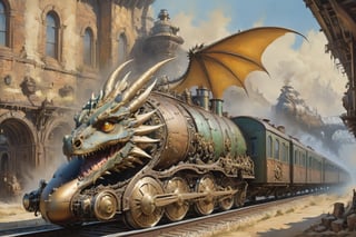 detailed full-length picture, masterpiece, best quality, ultra high resolution, visually stunning, beautiful, award-winning art (abstract art: 1.3), beautiful ))), oil painting dieselpunk. dragon train,(),Watercolor, trending on artstation, sharp focus, studio photo, intricate details, highly detailed, by greg rutkowski, more detail XL, hyper detailed, realistic, oil painting, by julie bell, frank frazetta, cinematic lighting,dragon train