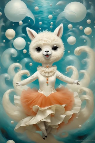 A beautiful and whimsical elusive pop noir surrealism, art of Dressed animals - a fat white alpaca dancer,dancing,(big smile),(happy),(highly detailed dress), in the style of Dr. Seuss, inspired by Mandelbrot fractals and the Doppler effect glitchcore, in the style of Ray Caesar, modern art, art nouveau, realism fantastic, intricate details, surreal emotion art, interesting emotional feeling, highli texture details, Behance winning award. rendered in a charming, ornate style, with textured brushstrokes and incredibly high 12k resolution. This highly detailed 3DHD oil painting showcases Pierre-Auguste Renoir's mastery of color and technique. The deep, incandescent tones and ultra-fine details evoke a surrealist vibe reminiscent of Craola, Nicoletta Ceccoli, Beeple, Jeremiah Ketner, Todd Lockwood. Meticulously hand-painted with meticulous attention to detail, this work of art captures the essence of fantastical scenes from a bygone era. Created using cutting-edge Octane Render technology, underwater