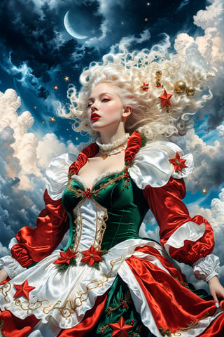 (christman theme:1.5),Cinematic,realistic photo of albino girl, wearing highly detailed christmas dress,(wind effect:1.2),accessories inspired by christmas wreath, motifed  ,vibrant colors,moon stars and clouds in sky background, fantasy, warm tone, surreal, 8k resolution photorealistic masterpiece by Aaron Horkey and Jeremy Mann, professional photography, volumetric lighting maximalist photoillustration by marton bobzert, 8k resolution concept art intricately detailed, complex, elegant, expansive, fantastical, mythical clouds