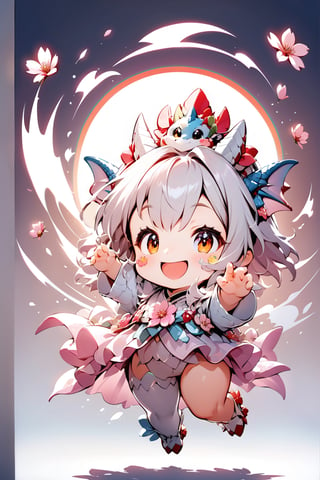  portrait of cute dragon,(dynamic  pose), high quality,(happy atmosphere) ,,smile, , (wind effect), cherry_blossom background,sun light,(full body image:1.5),,,cute dragon,sticker