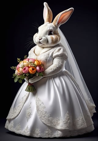 photorealistic portrait of Dressed animals - a ((fat)) cute rabbit,(elegant pose),(closed mouth),(frurry), high quality,(lovely) ,intricate details, highly detailed ((wedding dress)),wearing opera globes ,wearing highly detailed veil, highly detailed decorations ,holding flower bouquet, (happy), studio lighting,(full body image:1.5),comic book