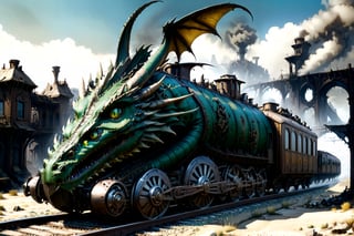  (masterpiece), (best quality),,  dragon train on railroads ,buildings , in Wasteland,  post-apocalyptic world, , 
,more detail XL