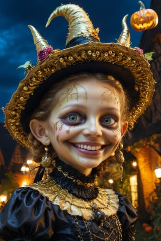 (Aetherpunk style:1.4),wide angle,8k , ultra quality ,nature,pagan imagery,cute very young Halloween witch,10 years old girl,(big smile),,art by Giuseppe Arcimboldo,gold detailed,utopia,magic,(Halloween atmosphere),neon detailed,beasts,mages,((in Halloween town,amazing scenery)),(highly detailed:1.2),(ultra realism:1.2), realistic, detailed, textured, skin, hair, eyes, by Alex Huguet, Mike Hill, Ian Spriggs, JaeCheol Park, Marek Denko,(side view:1.5)
,