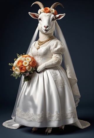  portrait of Dressed animals - a ((fat)) baby goat,(elegant pose),(closed mouth),(frurry), high quality,(lovely) ,intricate details, highly detailed ((wedding dress)),wearing opera globes ,wearing highly detailed veil, highly detailed decorations ,holding flower bouquet, (happy), studio lighting,(full body image:1.5),comic book