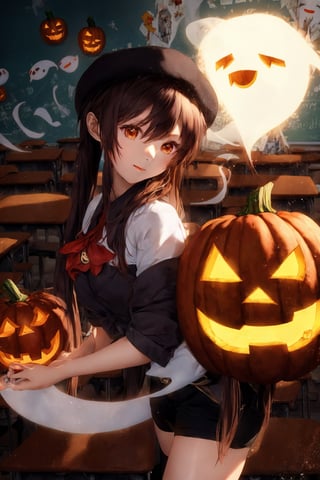 absurdres, highres, ultra detailed,beautiful young woman ,Hu Tao,black shorts, black headwear, very long twintails, brown hair,red eyes, hair between eyes ,in classroom, in school, Jack-o'-Lantern and ghost are flying around her,hutao_genshin,(half body image:1.5)