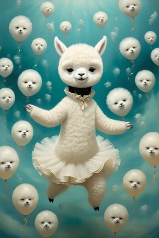 A beautiful and whimsical elusive pop noir surrealism, art of Dressed animals - a fat white baby alpaca dancer,dancing,(big smile),(happy),, in the style of Dr. Seuss, inspired by Mandelbrot fractals and the Doppler effect glitchcore, in the style of Ray Caesar, modern art, art nouveau, realism fantastic, intricate details, surreal emotion art, interesting emotional feeling, highli texture details, Behance winning award. rendered in a charming, ornate style, with textured brushstrokes and incredibly high 12k resolution. This highly detailed 3DHD oil painting showcases Pierre-Auguste Renoir's mastery of color and technique. The deep, incandescent tones and ultra-fine details evoke a surrealist vibe reminiscent of Craola, Nicoletta Ceccoli, Beeple, Jeremiah Ketner, Todd Lockwood. Meticulously hand-painted with meticulous attention to detail, this work of art captures the essence of fantastical scenes from a bygone era. Created using cutting-edge Octane Render technology, underwater