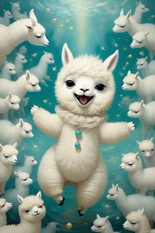 A beautiful and whimsical elusive pop noir surrealism, art of Dressed animals - a fat white baby alpaca dancer,dancing,(big smile),(happy),, in the style of Dr. Seuss, inspired by Mandelbrot fractals and the Doppler effect glitchcore, in the style of Ray Caesar, modern art, art nouveau, realism fantastic, intricate details, surreal emotion art, interesting emotional feeling, highli texture details, Behance winning award. rendered in a charming, ornate style, with textured brushstrokes and incredibly high 12k resolution. This highly detailed 3DHD oil painting showcases Pierre-Auguste Renoir's mastery of color and technique. The deep, incandescent tones and ultra-fine details evoke a surrealist vibe reminiscent of Craola, Nicoletta Ceccoli, Beeple, Jeremiah Ketner, Todd Lockwood. Meticulously hand-painted with meticulous attention to detail, this work of art captures the essence of fantastical scenes from a bygone era. Created using cutting-edge Octane Render technology, underwater