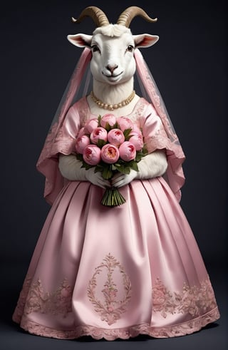  portrait of Dressed animals - a ((fat)) baby goat,(elegant pose),(closed mouth),(frurry), high quality,(lovely) ,intricate details, highly detailed ((pink wedding dress)),wearing opera globes ,wearing highly detailed veil, highly detailed decorations ,holding flower bouquet, (), studio lighting,(full body image:1.5),comic book