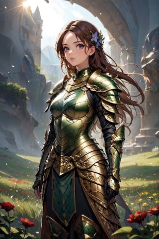 (masterpiece),(best quality),(extremely intricate),(sharp focus),(cinematic lighting),(extremely detailed),A young girl in dragon armor,standing in a meadow of wildflowers. She has long brown hair adorned with wildflowers. Her expression is determined,and her eyes are shining with courage. The sun is shining brightly behind her,casting a golden glow over the scene.,flower4rmor,flower bodysuit,Flower,dragon armor