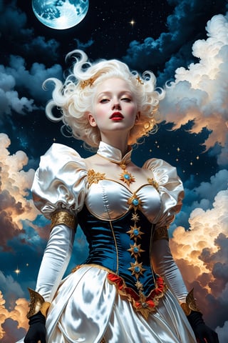 (christman theme:1.5),Cinematic,realistic photo of albino girl, wearing christmas costume,vibrant colors,moon stars and clouds in night sky background, fantasy, warm tone, surreal, 8k resolution photorealistic masterpiece by Aaron Horkey and Jeremy Mann, professional photography, volumetric lighting maximalist photoillustration by marton bobzert, 8k resolution concept art intricately detailed, complex, elegant, expansive, fantastical, mythical clouds