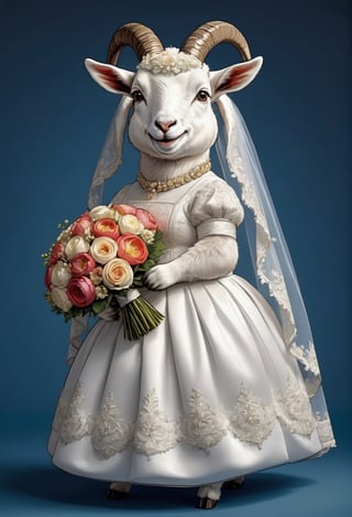  portrait of Dressed animals - a ((fat)) cute goat,(elegant pose),(closed mouth),(frurry), high quality,(lovely) ,intricate details, highly detailed ((wedding dress)),wearing opera globes ,wearing highly detailed veil, highly detailed decorations ,holding flower bouquet, (happy), studio lighting,(full body image:1.5),comic book