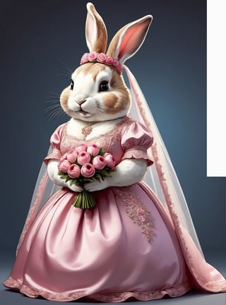 photorealistic portrait of Dressed animals - a ((fat)) cute rabbit,(elegant pose),(closed mouth),(frurry), high quality,(lovely) ,intricate details, highly detailed ((pink wedding dress)),wearing opera globes ,wearing highly detailed veil, highly detailed decorations ,holding flower bouquet, (happy), studio lighting,(full body image:1.5),comic book