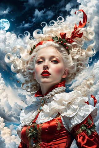 (christman theme:1.5),Cinematic,realistic photo of albino girl, wearing highly detailed christmas dress inspired by santa claus,(wind effect:1.2),accessories inspired by christmas wreath, motifed  ,vibrant colors,moon stars and clouds in sky background, fantasy, warm tone, surreal, 8k resolution photorealistic masterpiece by Aaron Horkey and Jeremy Mann, professional photography, volumetric lighting maximalist photoillustration by marton bobzert, 8k resolution concept art intricately detailed, complex, elegant, expansive, fantastical, mythical clouds