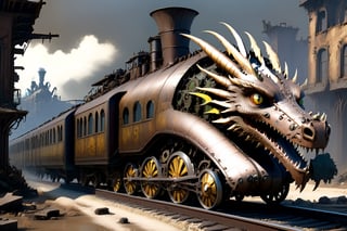  (masterpiece), (best quality),,  dragon train on railroads ,buildings , in Wasteland,  post-apocalyptic world, ((viewed from front:1.9)), 
,more detail XL