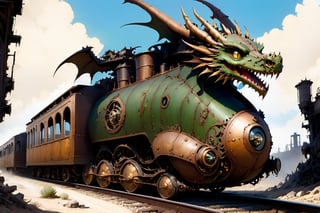  (masterpiece), (best quality),,  dragon train on railroads , , Wasteland,  post-apocalyptic world, (viewed from below:1.9), wide angle:1.5,
,dragon train