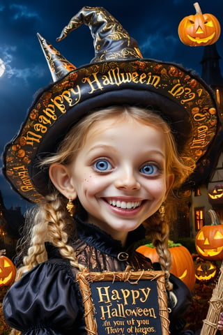 (Aetherpunk style:1.4), wide angle, 8k, ultra quality , nature, pagan imagery, cute very young Halloween witch, 10 years old girl, ((lovely big smile)), holding a board with text as "HAPPY HALLOWEEN", art by Giuseppe Arcimboldo, gold detailed, utopia, magic, (happy Halloween atmosphere), neon detailed, beasts, mages, ((in Halloween town, amazing scenery)), (highly detailed:1.2), (ultra realism:1.2), realistic, detailed, textured, skin, hair, eyes, by Alex Huguet, Mike Hill, Ian Spriggs, JaeCheol Park, Marek Denko, (face close up:1.5),text as ""