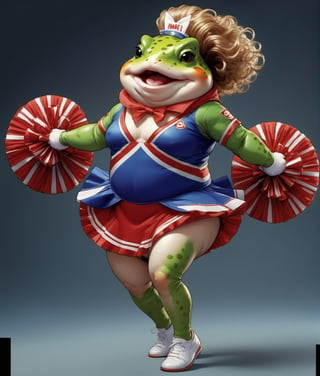 portrait of Dressed animals - a (fat) baby toad cheerleader,(cheer dancing:2.0),(jumping:2.0), high quality,(happy smile:1.2),(lovely) ,intricate details, highly detailed ((cheer costume)) ,highly detailed cheer clothes, holding pom-pom ,(passion) , highly detailed hair ribbon, (happy), studio lighting,(full body image:1.5)comic book,comic book