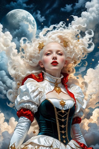 (christman theme:1.5),Cinematic,realistic photo of albino girl, wearing highly detailed christmas costume,(wind effect:1.2),vibrant colors,moon stars and clouds in sky background, fantasy, warm tone, surreal, 8k resolution photorealistic masterpiece by Aaron Horkey and Jeremy Mann, professional photography, volumetric lighting maximalist photoillustration by marton bobzert, 8k resolution concept art intricately detailed, complex, elegant, expansive, fantastical, mythical clouds