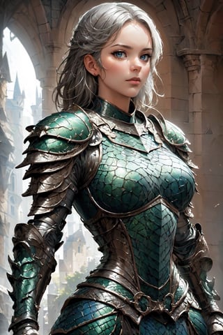 (((Top Quality: 1.4))), (Unparalleled Masterpiece), (Ultra High Definition), (Art by Carne Griffiths), (Ultra-Realistic 8k CG), official art,attractive posing, female gladiator, stunningly beautiful cleaned face,highly detailed armor , messy Hair,  muscular_body:1.4, tanned skin:1.4,,large breasts,( stone buildings background),sunlight makes beautiful gradient of shadow and adds depth to image, (muted colors, dim colors, muted tones: 1.3), low saturation, (hyper detail: 1.2), perfect anatomy,(upper body image :1.5),Female,dragon armor