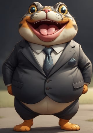  illustration of anthropomorphic (fat)baby cat ,(tongue:1.5)(cute), (lovely),dressed in a dark gray suit, (sticking out tongue:1.5),(happy eyes:1.5),(smile:1.8),, soft lighting, Cinematic, hdr, primitive, Intricate, High quality, smoothing tones, Intricate details, Low contrast,(), (looking at viewer:1.5), simple background,comic book