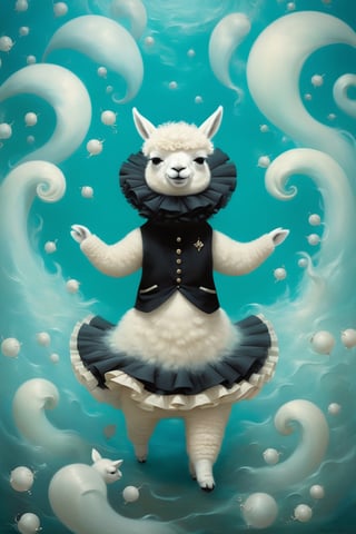 A beautiful and whimsical elusive pop noir surrealism, art of Dressed animals - a fat white baby alpaca dancer,dancing,(big smile),(happy),, in the style of Dr. Seuss, inspired by Mandelbrot fractals and the Doppler effect glitchcore, in the style of Ray Caesar, modern art, art nouveau, realism fantastic, intricate details, surreal emotion art, interesting emotional feeling, highli texture details, Behance winning award. rendered in a charming, ornate style, with textured brushstrokes and incredibly high 12k resolution. This highly detailed 3DHD oil painting showcases Pierre-Auguste Renoir's mastery of color and technique. The deep, incandescent tones and ultra-fine details evoke a surrealist vibe reminiscent of Craola, Nicoletta Ceccoli, Beeple, Jeremiah Ketner, Todd Lockwood. Meticulously hand-painted with meticulous attention to detail, this work of art captures the essence of fantastical scenes from a bygone era. Created using cutting-edge Octane Render technology, underwater