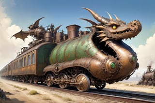  (masterpiece), (best quality),,  dragon train on railroads , , Wasteland,  post-apocalyptic world, (viewed from below:1.9), wide angle:1.5,
,dragon train