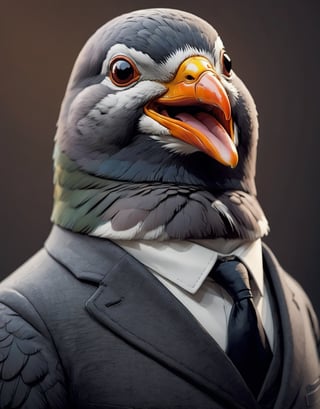 face close up illustration of anthropomorphic (fat)baby pigeon ,(tongue)(furry), (lovely),dressed in a dark gray suit, (sticking out tongue:1.5),(happy smiling eyes:1.5),(smile:1.2),wearing glasses, soft lighting, Cinematic, hdr, primitive, Intricate, High quality, smoothing tones, Intricate details, Low contrast,(viewed from side:2.0), (looking at viewer:1.5), simple background,comic book