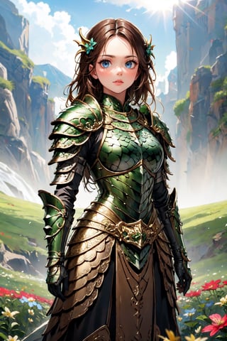 (masterpiece),(best quality),(extremely intricate),(sharp focus),(cinematic lighting),(extremely detailed),A young girl in dragon armor,standing in a meadow of wildflowers. She has long brown hair adorned with wildflowers. Her expression is determined,and her eyes are shining with courage. The sun is shining brightly behind her,casting a golden glow over the scene.,flower4rmor,flower bodysuit,Flower,dragon armor