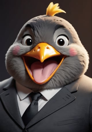 face close up photo of anthropomorphic chick,(tongue), (furry),dressed in a dark gray suit, (sticking out tongue:1.5),(happy smile:1.5),(playful:1.2), soft lighting, Cinematic, hdr, primitive, Intricate, High quality, smoothing tones, Intricate details, Low contrast,(viewed from side:2.0), (looking at viewer:1.5), simple background,comic book