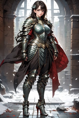 Beautiful 27 year old woman, (brown eyes), ((strong physique body)), (black hair), long_hair: 1.3, , bangs, (serious look), hourglass body shape, detailed eyes, normal breasts quality, slim waist, (strong physique), upper body , gauntlets, (detailed armor), lower body armor, black cape, broken stone floor, broken stone wall, snow falling, ((full-body_portrait)), (evil aura around her), Commander of knights,dragon armor