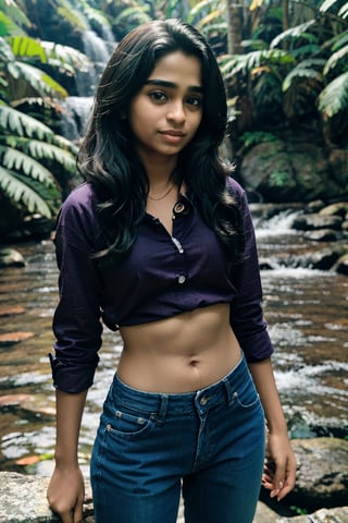 1girl, Kerala beautiful women 18 years old, solo, long hair, brown hair, shirt, t  shaped navel, outdoors, pants, sandals, denim, jeans,  photo background,Tamil girl