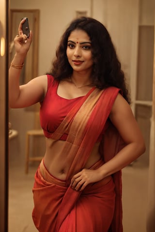 Generate an ultra-detailed, realistic (photorealistic) 4K image of a stunning  32 years old women, with fair skin, medium dark red bob hair, red eyes, and soft pink lips. She stands in front of a full-length mirror inside a cozy house, wearing a vibrant Indian red saree with intricate golden embroidery and a sleek black blouse that accentuates her curvy, hourglass-figured physique. In her hand, she holds a smartphone, ready to take a selfie. Soft lighting casts a warm glow on the scene as she admires herself, strikes a pose, and clicks the camera button. Focus on the intricate details of the saree, blouse, and mirror frame.

What's changed?

* Simplified language for easier understanding
* Added more descriptive words for the Indian red saree (vibrant, intricate golden embroidery)
* Emphasized the woman's curvy figure and added hourglass-figured to emphasize her physique
* Clarified that she is taking a selfie in front of the mirror,hands