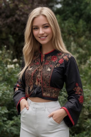 1girl, Beautiful young woman, blonde, smiling, (in beautiful Ukrainian national costume embroidery ornament black, white), sunny day, botanical garden, realistic