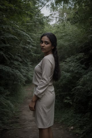 1girl, solo, long hair, looking at viewer, long gown, side_ponytail, black hair, jewelry, standing, outdoors, bracelet, tree, lips,  long designer blouse, nature, woods, long skirt, stairs, realistic, orange skirt, This breathtaking photograph, shot on a Canon 1DX with a 50 mm f/2.8 lens, beautifully showcases the raw and authentic beauty of life. high resolution 8k image quality,Mallu,1mallu girl