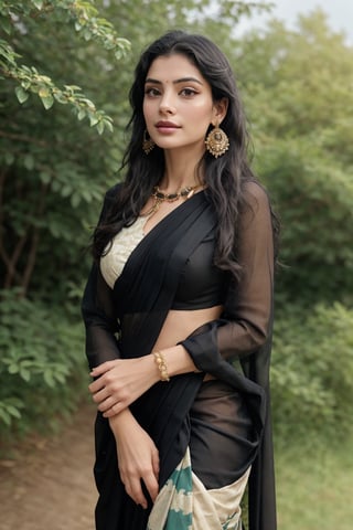 Saree, 1girl, solo, long hair, black hair, long sleeves, traditional , dress, jewelry, earrings, outdoors, blurry, looking to the side, purple dress, realistic,This breathtaking photograph, shot on a Canon 1DX with a 50 mm f/2.8 lens, beautifully showcases the raw and authentic beauty of life. high resolution 8k image quality,Saree