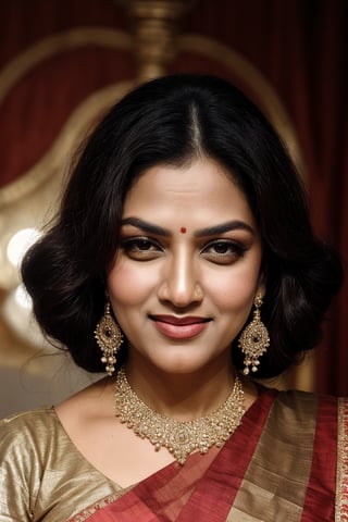 A captivating portrait of Kushboo, a renowned Tamil actress. She solo, her piercing black eyes locking onto the viewer with a warm smile. Her short, raven-black hair frames her heart-shaped face, adorned with gleaming jewelry - oversized earrings that cascade down her neck and a delicate necklace. A single bun adds a touch of elegance to her coiffed locks. The framing is tight, with Kushboo's face taking center stage against a neutral background, allowing her striking features to take precedence. The lighting is soft and natural, accentuating the contours of her face and the sparkle in her eyes.,kushboo