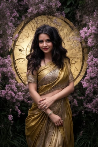 A stunning young woman in a traditional Indian national costume adorned with intricate embroidery and ornaments, beaming with a warm smile as she poses amidst the vibrant blooms of a botanical garden on a radiant sunny day. Her big eyes sparkle like diamonds against the soft, golden light, while the lush greenery and colorful flowers create a lush backdrop for her elegant beauty.