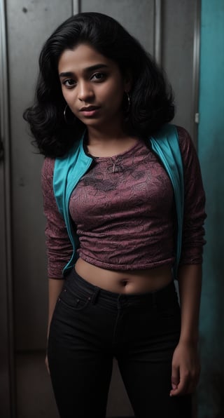 Cyberpunk, Neon glow, masterpiece, high resolution, best quality, 4k, 1girl, solo, beauty photo, amateur photo, 1girl, eye level, oversized button-up shirt, and hoop earrings, Teal-colored Flat ironed straight, stand pose in locker room,lighting,photorealistic,Curly girl ,redneonstyle,Rebecca ,Mallu girl ,Tamil girl