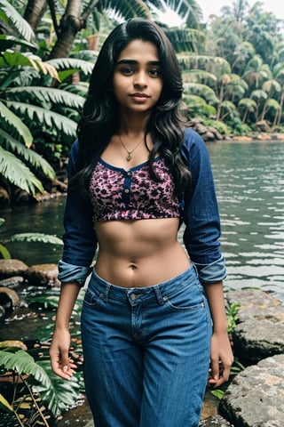 1girl, Kerala beautiful women 18 years old, solo, long hair, brown hair, shirt, t  shaped navel, outdoors, pants, sandals, denim, jeans,  photo background,Tamil girl