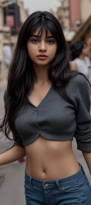 1girl, solo, long hair, black hair, twintails, jewelry, earrings, lips, realistic, navel, beautiful Indian girl, 18 years old girl, outside, beautiful girl walking on the street 