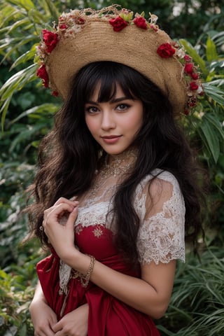 A stunning young woman in a traditional argentina national costume adorned with intricate embroidery and ornaments, beaming with a warm smile as she poses amidst the vibrant blooms of a botanical garden on a radiant sunny day. Her big eyes sparkle like diamonds against the soft, golden light, while the lush greenery and colorful flowers create a lush backdrop for her elegant beauty.,Big eyes ,Plump chubby