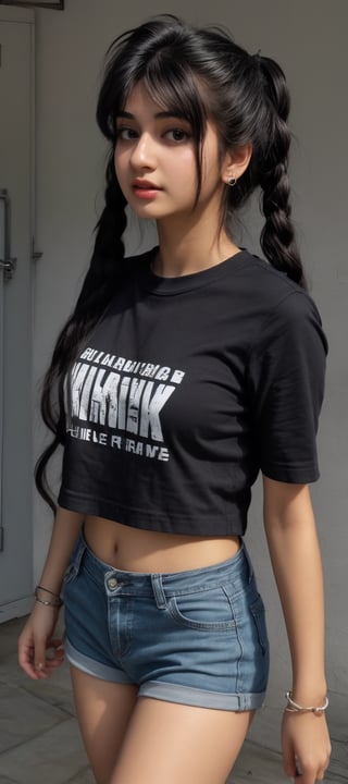 1girl, solo, long hair, black hair, twintails, jewelry, earrings, lips, realistic, beautiful mallu girl, 16 years old girl, outside, beautiful girl walking on the street , twintail hairstyle, tshirt, short-shorts,18 years old girl 