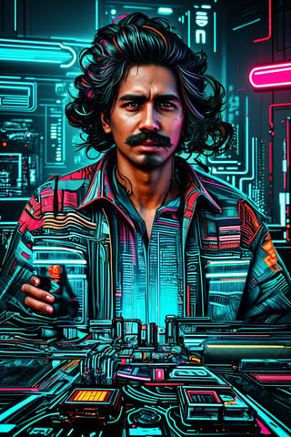 Cyberpunk city, neon background, details, solo, looking at viewer, shirt, black hair, 1boy, jewelry, male focus, collared shirt, indoors, plaid, buttons, facial hair, blue shirt, curtains, realistic, mustache, plaid shirt,CyberpunkWorld